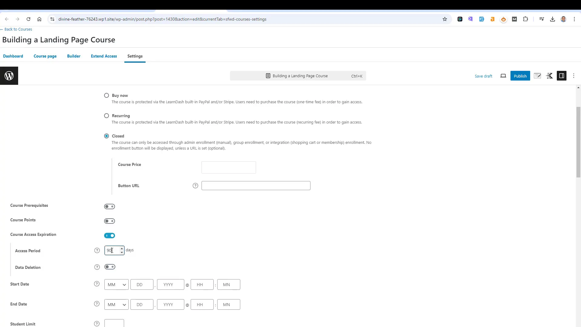 Setting access expiration for courses