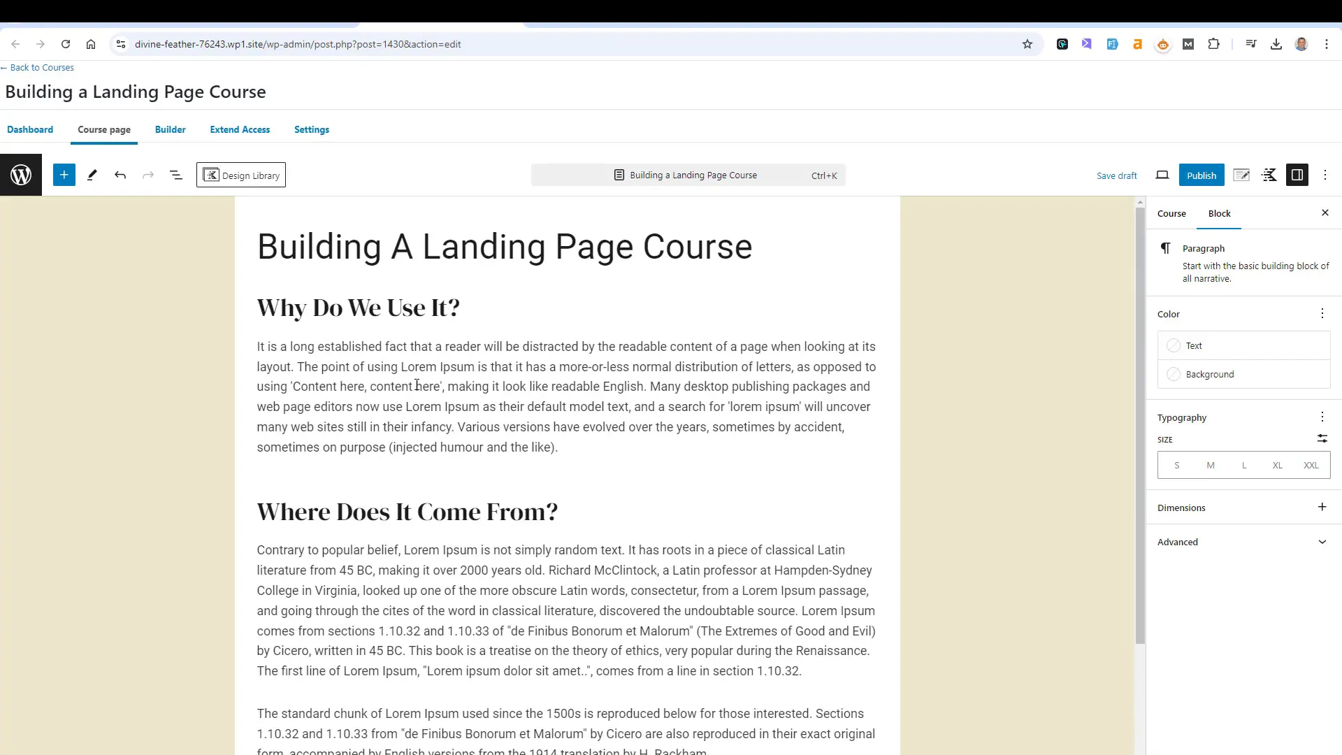 Entering the course builder