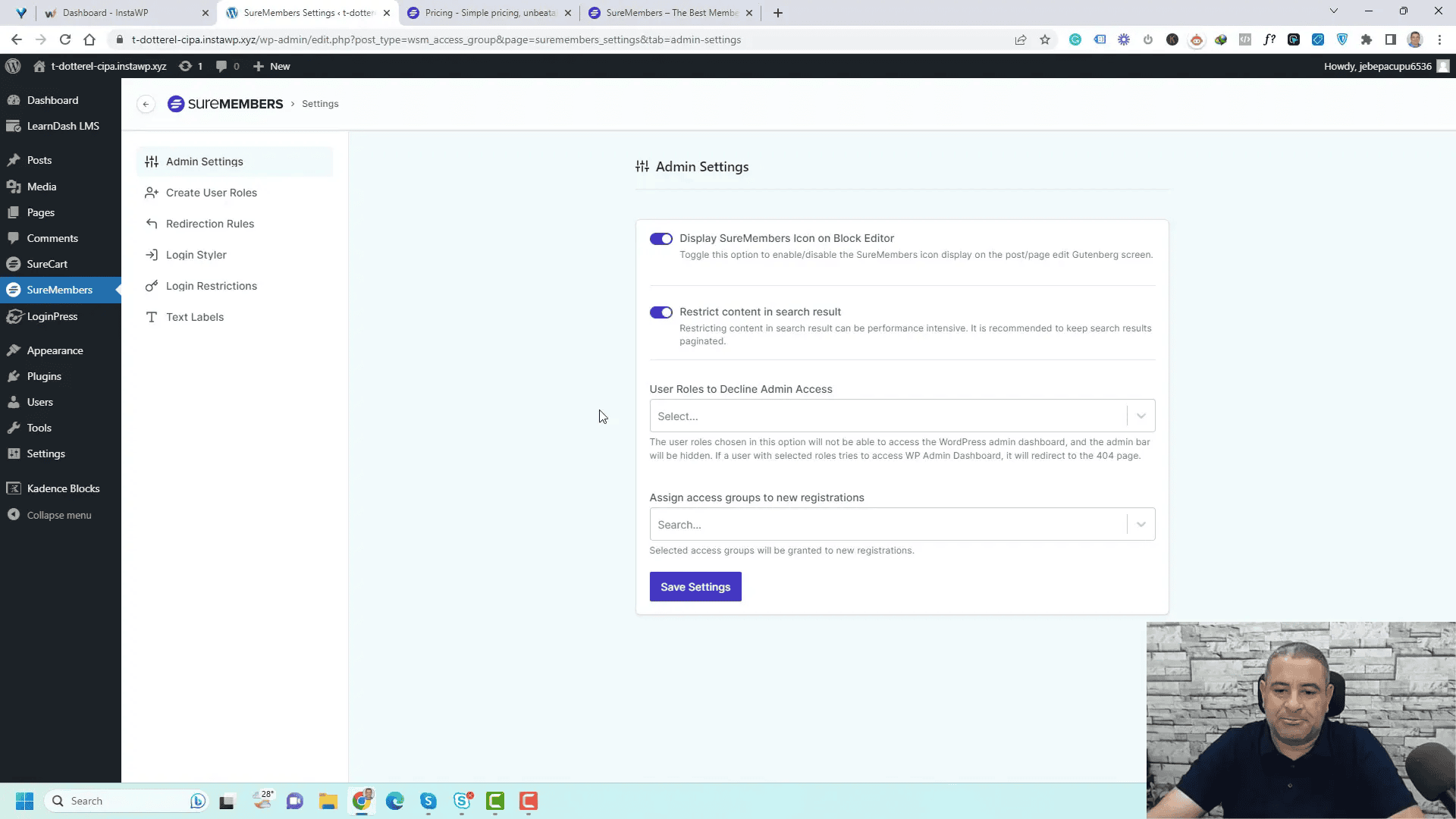 Main settings overview of SureMembers Plugin