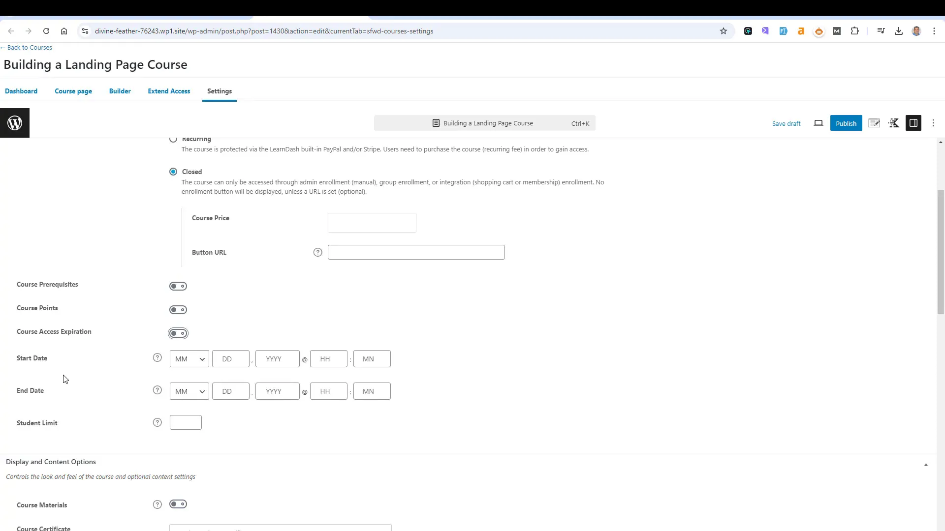 Defining enrollment periods for courses